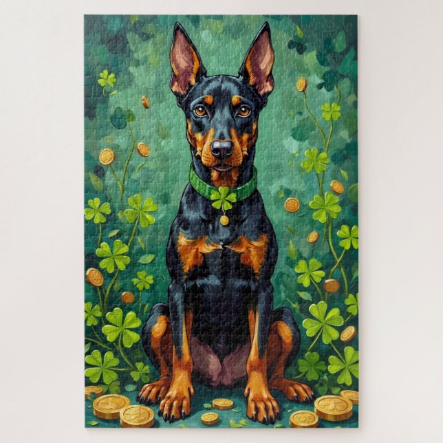 Doberman St Patrick’s Day Elegant Lucky Dog Jigsaw Puzzle (Vertical)