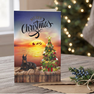 Doberman Sunset Coastal Holiday Greeting Card