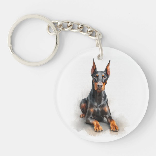 Doberman Watercolor Art Key Ring (Front)