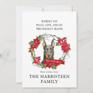 Doberman Watercolor Poinsettia Wreath Christmas Holiday Card