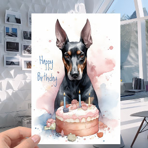 Doberman with Cake - Dog Lovers Happy Birthday Card