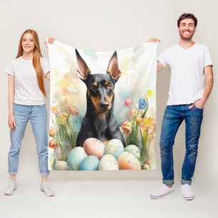 Doberman with Easter Eggs Fleece Blanket