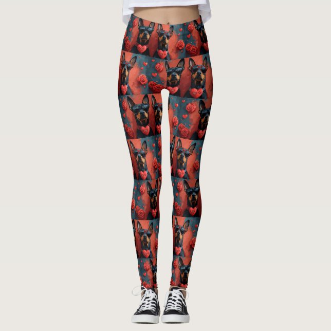 Doberman With Heart Roses Valentine's Day Leggings (Front)