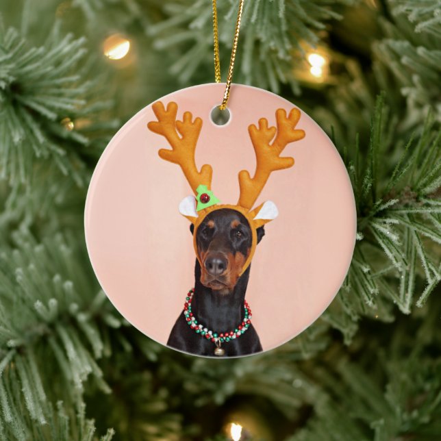 Doberman with Horns of a Deer Ceramic Ornament (Tree)