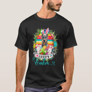 Dobermann Dog In Easter Eggs Basket Bunnies Happy  T-Shirt