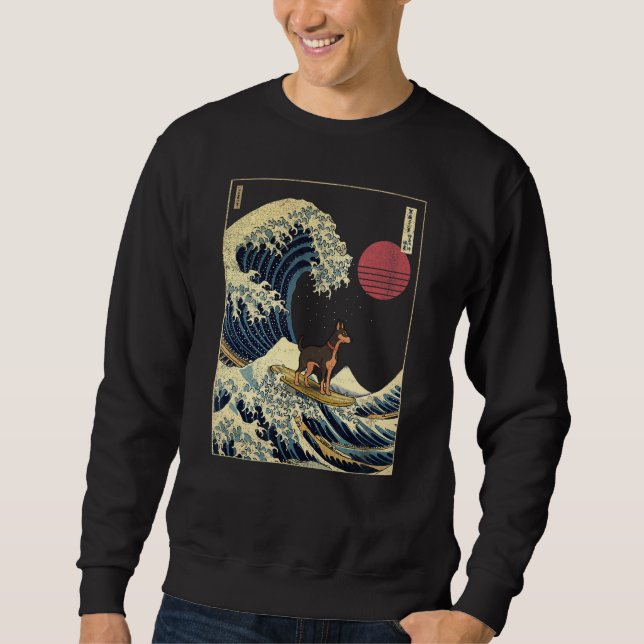 Dobermann Japanese Kanagawa Wave  Surf Dog Sweatshirt (Front)