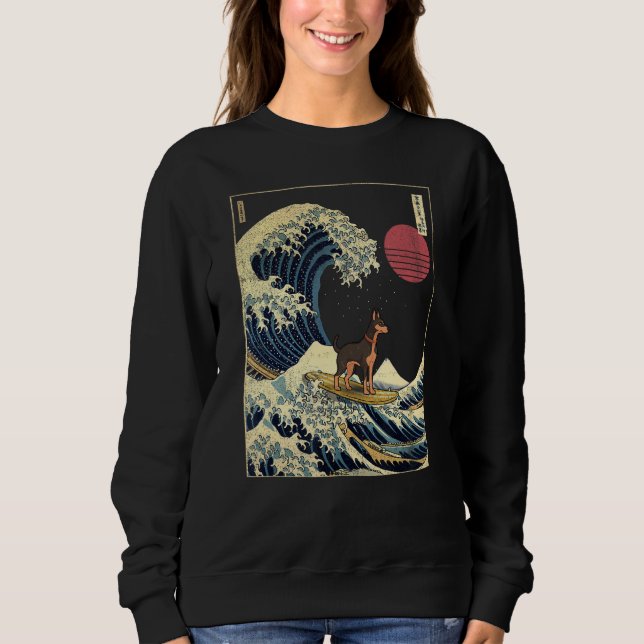 Dobermann Japanese Kanagawa Wave  Surf Dog Sweatshirt (Front)