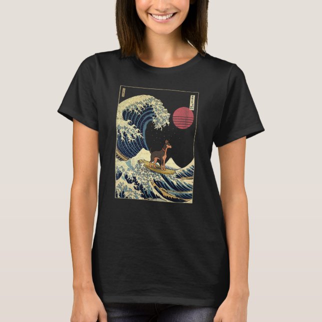 Dobermann Japanese Kanagawa Wave  Surf Dog T-Shirt (Front)
