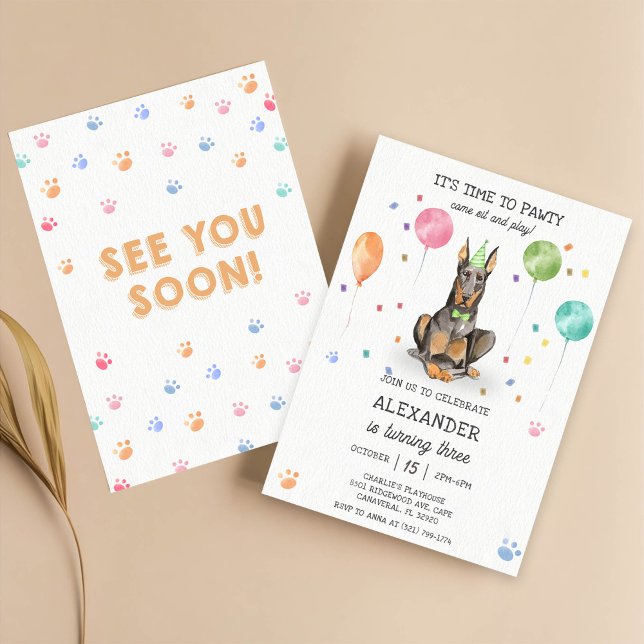 Dobermann Pawty Puppy Birthday Pink  Invitation (Creator Uploaded)