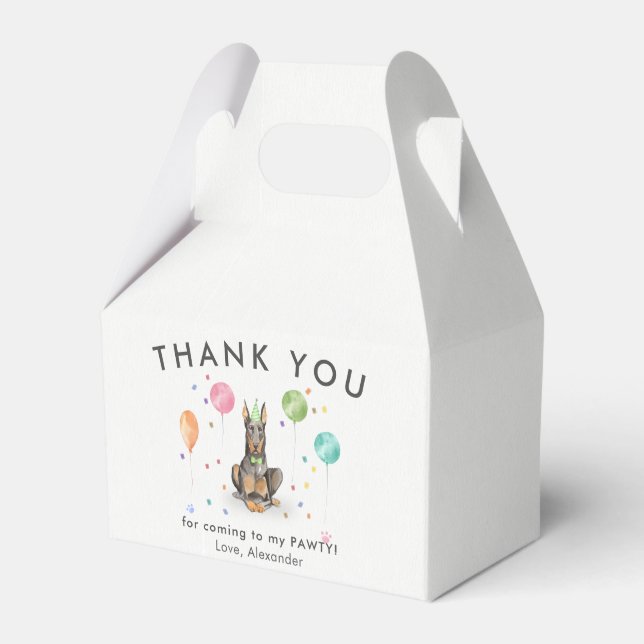 Dobermann Pawty Puppy Dog Birthday Thank You  Favour Box (Front Side)