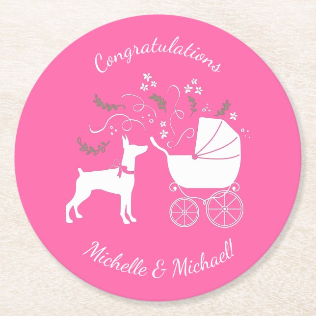 Dobermann Pinscher Dog Baby Shower Puppy Dobie  Round Paper Coaster (Front)