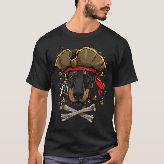Dobermann Pirate Dog Halloween Jolly Roger T-Shirt (Front)