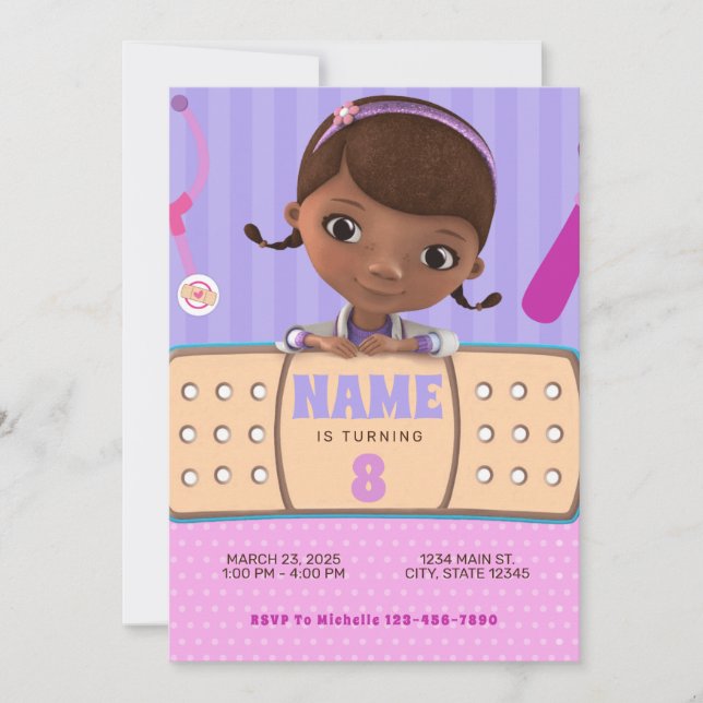 Doc McStuffins Pink Purple Birthday Invitation (Front)