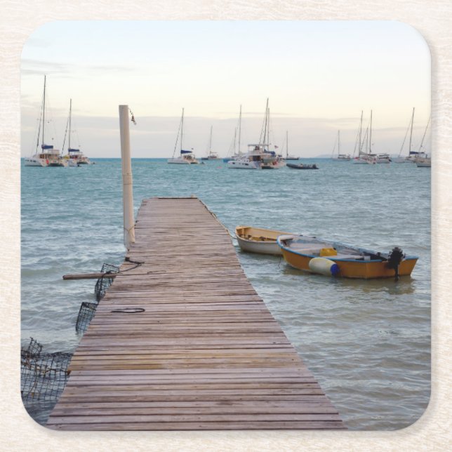 Dock and lobster pots square paper coaster (Front)