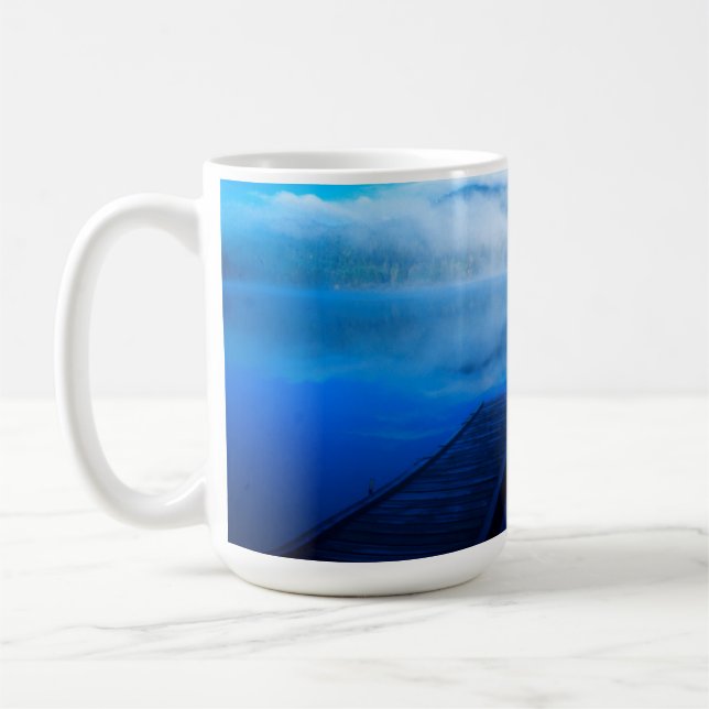 Dock on calm misty lake, California Coffee Mug (Left)