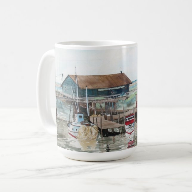 Dock side watercolor coffee mug (Front Left)