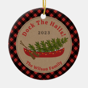 Dock The Halls Canoe Christmas Tree Photo Plaid Ceramic Ornament