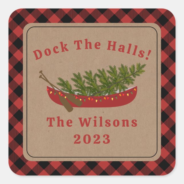 Dock The Halls Canoe Christmas Tree Plaid Square Sticker (Front)