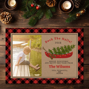 Dock The Halls Christmas Canoe Plaid Photo Holiday Card
