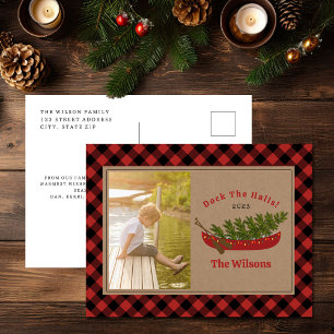 Dock The Halls Christmas Canoe Plaid Photo Holiday Postcard