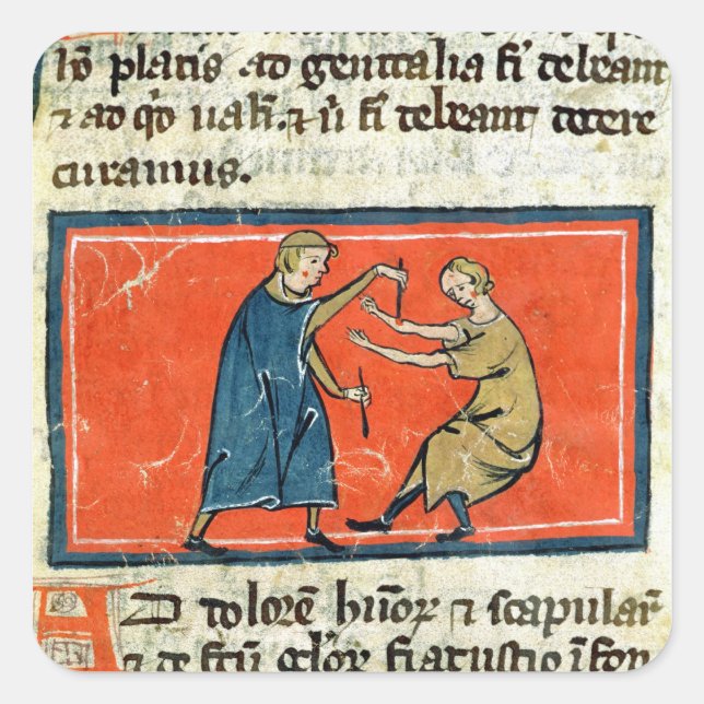 Doctor cauterising a wound with fire square sticker (Front)