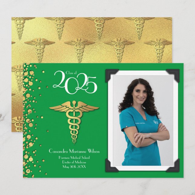 Doctor Gold Graduation Announcement Green (Front/Back)