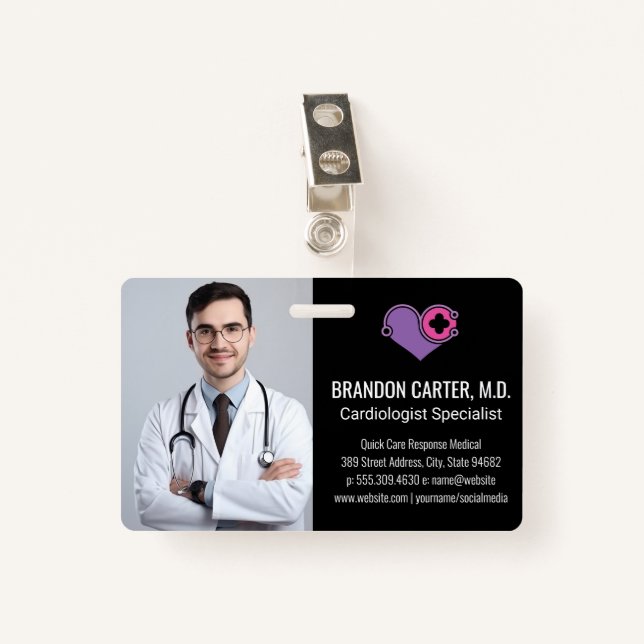 Doctor in Lab Coat | Cardiology Logo ID Badge (Front with Clip)