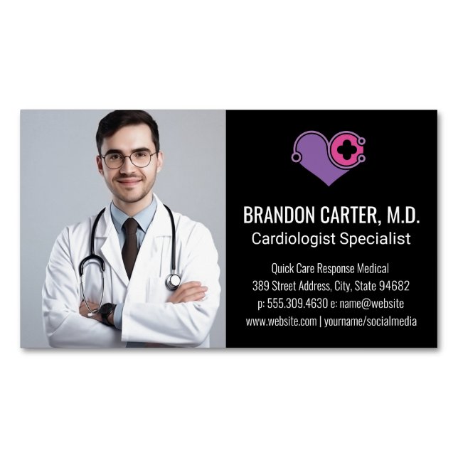 Doctor in Lab Coat | Cardiology Logo Magnetic Business Card (Front)