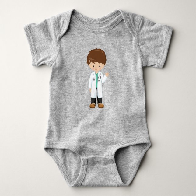 Doctor, Lab Coat, Medicine, Cute Boy, Brown Hair Baby Bodysuit (Front)