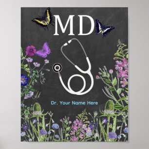 Doctor MD Stethoscope Floral Personalized Poster