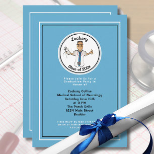 Doctor Medical Cartoon for Him Blue Graduation Invitation