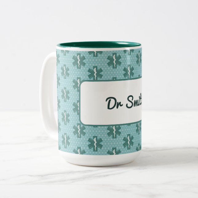 Doctor name custom physician symbol medical gift Two-Tone coffee mug (Front Left)