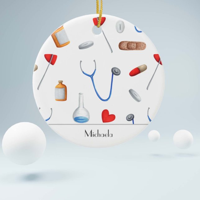 Doctor & Nurse Medical Equipment Pattern Christmas Ceramic Ornament (Creator Uploaded)