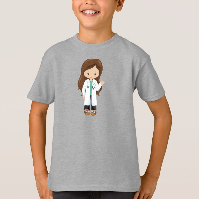 Doctor, Nurse, Stethoscope, Lab Coat, Brown Hair T-Shirt (Front)