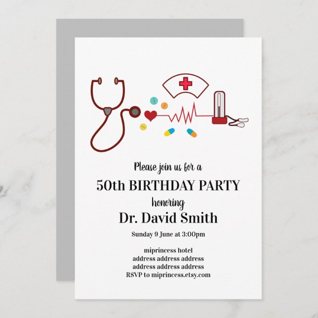Doctor , Nursing, Medical birthday Invitation (Front/Back)