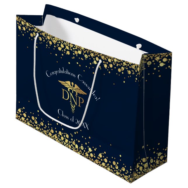 Doctor Nursing Practice Graduation Navy Blue Gold Large Gift Bag (Front Angled)