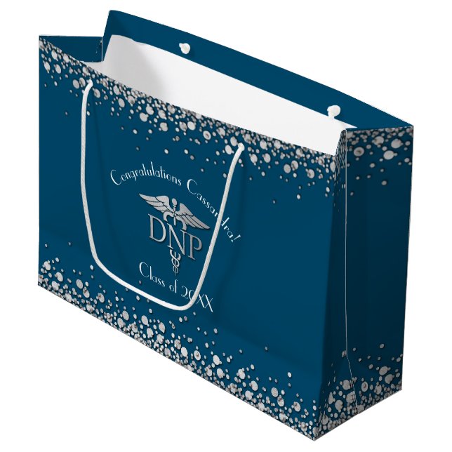 Doctor of Nursing Practice Graduation Blue Silver Large Gift Bag (Front Angled)