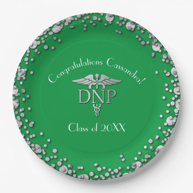 Doctor of Nursing Practice Graduation Green Silver Paper Plate (Front)