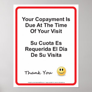 Doctor Office Copayment Wall Sign English Spanish