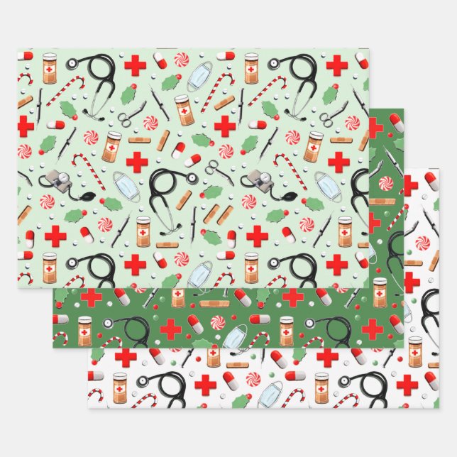 Doctor or Nurse Christmas Holiday Gift Wrapping Paper Sheet (Set)