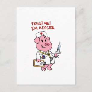 Doctor pig with syringe in hand   choose back colo postcard