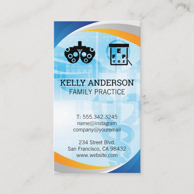Doctor | Practice MD | Optometrist Icons Business Card (Front)