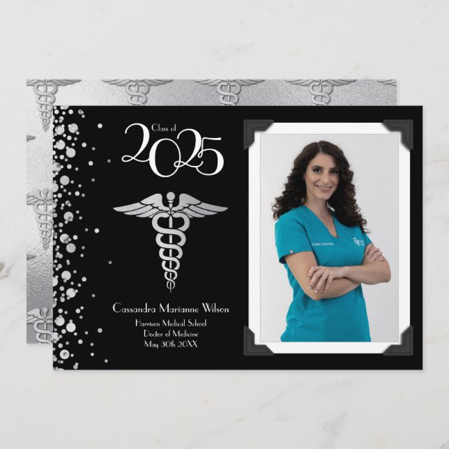 Doctor Silver Graduation Announcement Black (Front/Back)