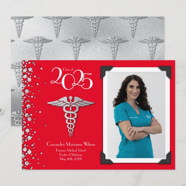 Doctor Silver Graduation Announcement Red (Front/Back)