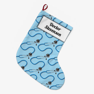 Doctor Stethoscope Pattern Blue Customisable Large Christmas Stocking