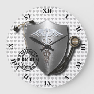 Doctor Symbols Caduceus On Stethoscope And Stamp Large Clock