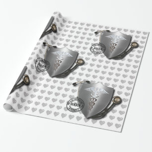 Doctor Symbols Caduceus On Stethoscope And Stamp Wrapping Paper