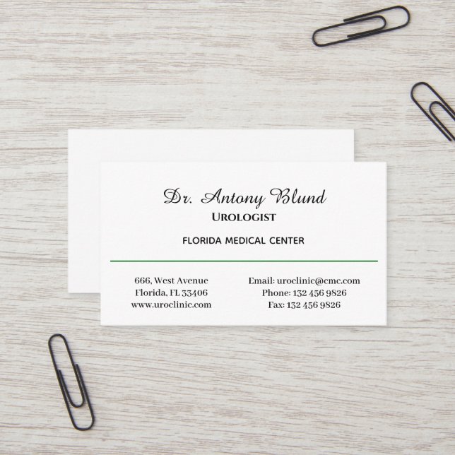Doctor Urologist Simple Green Business Card (Front/Back In Situ)