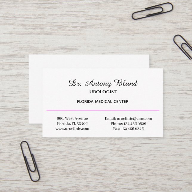 Doctor Urologist Simple Pink Business Card (Front/Back In Situ)