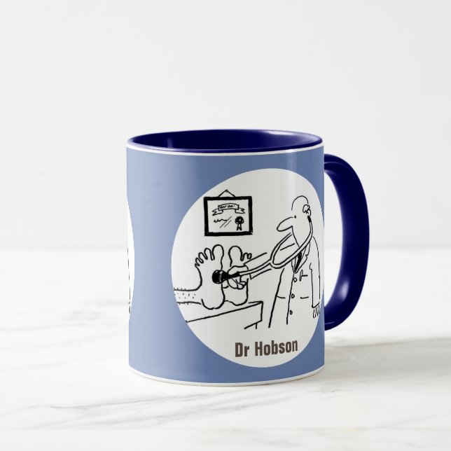 Doctor with Stethoscope tests Feet. Doctor Mug (Front Right)